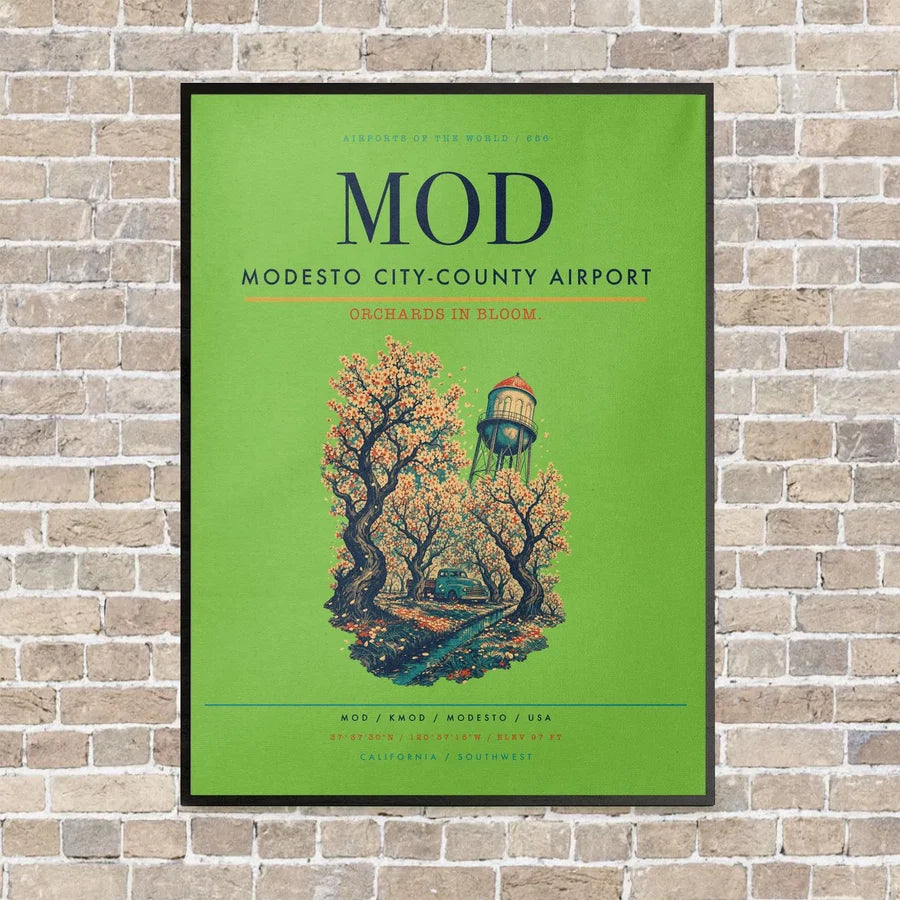 Modesto City-County Airport MOD vertical canvas print - framed - light green background