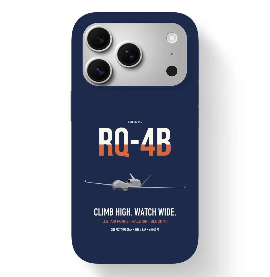 RQ-4B Global Hawk design on navy blue magsafe iphone case, for iPhone 17 Pro