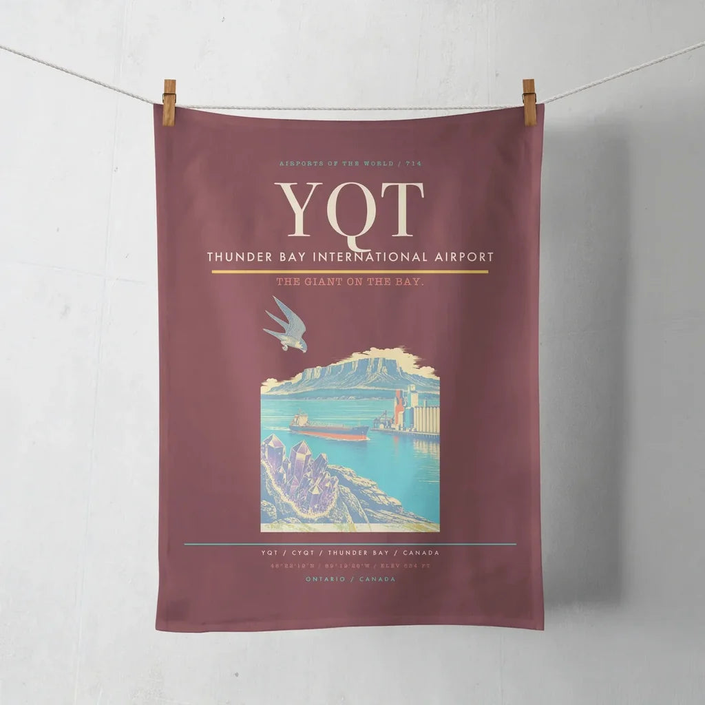 Thunder Bay International Airport (YQT) design on dark red towel