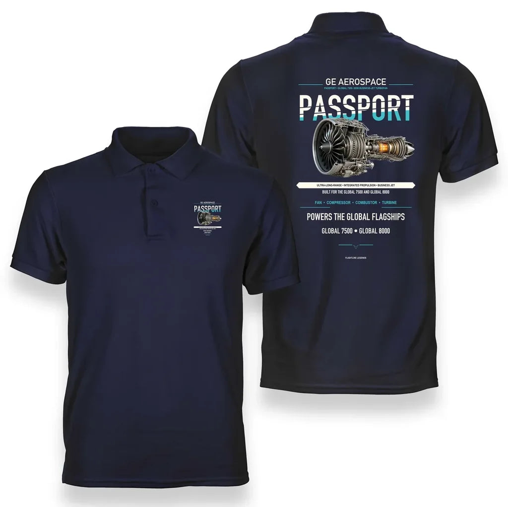 PASSPORT design on navy blue polo