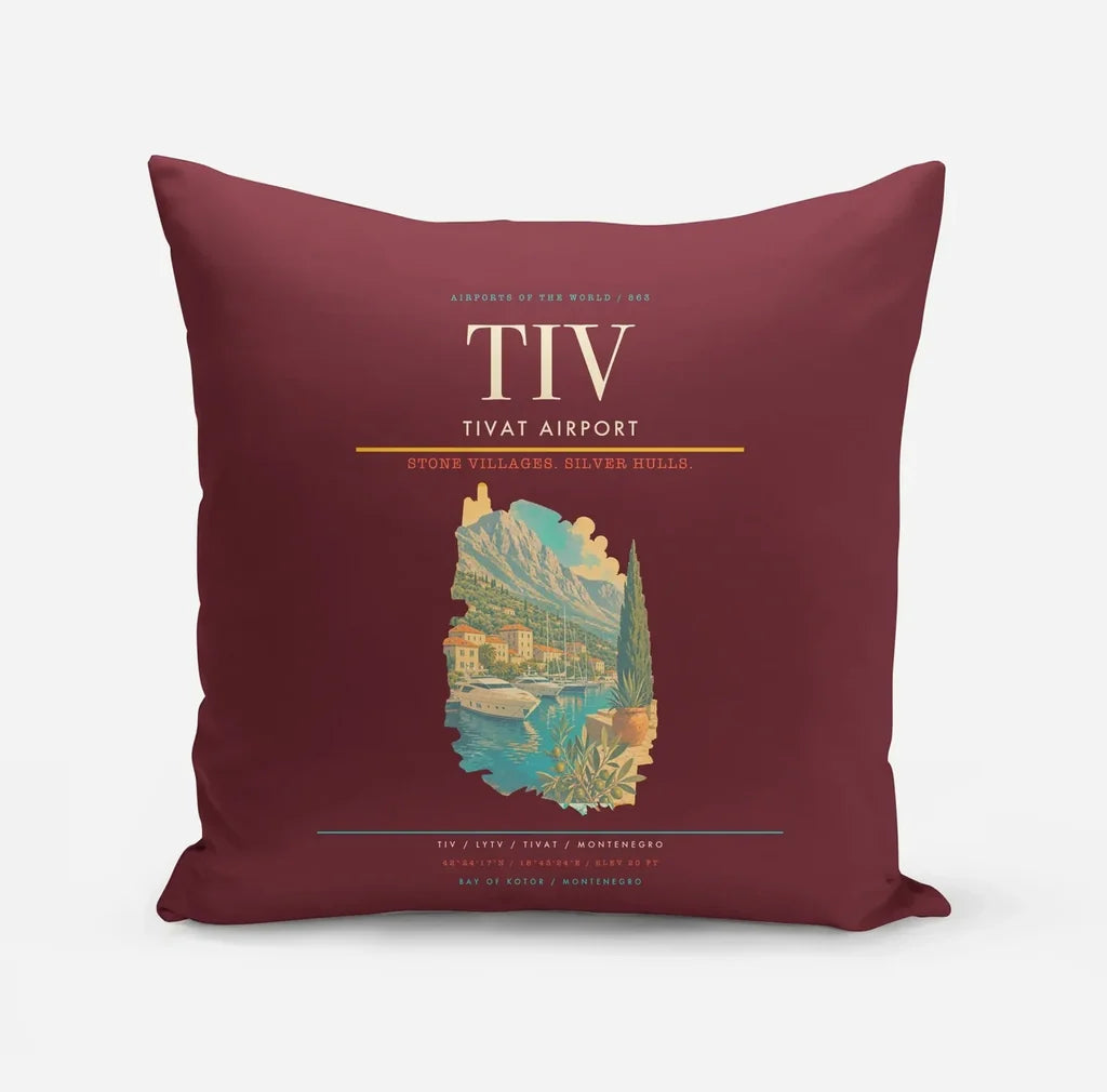 Tivat Airport (TIV) design on dark red pillow