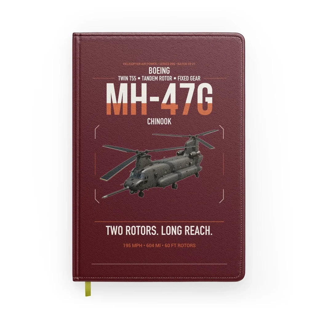 Boeing MH-47G Chinook design on dark red notebook