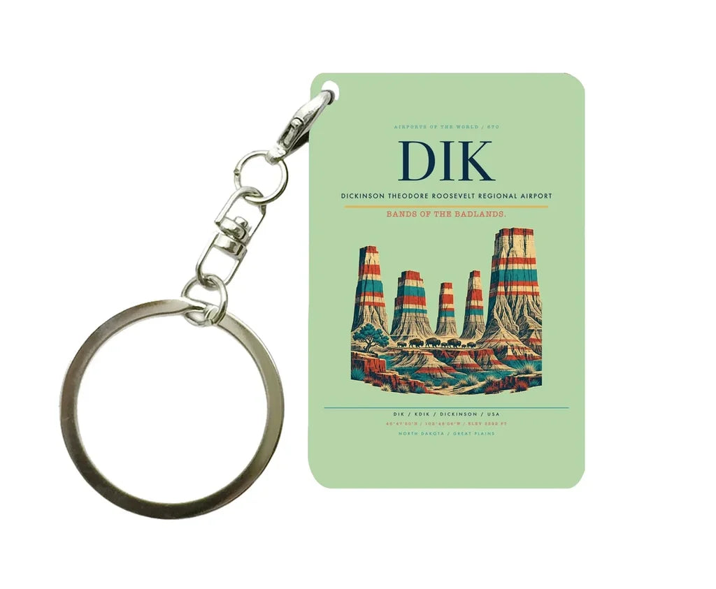 Dickinson Theodore Roosevelt Regional Airport (DIK) design on light green key chain