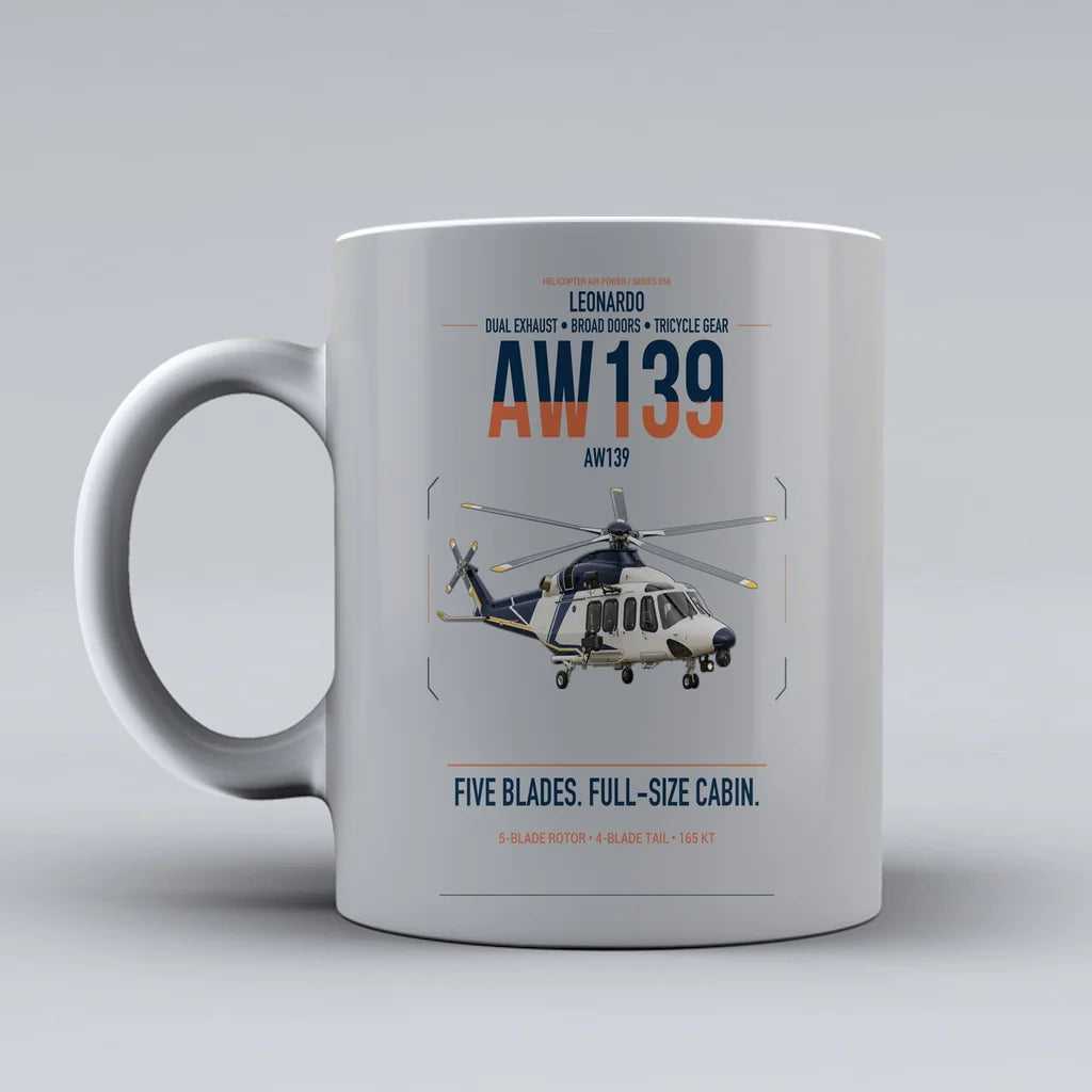 Leonardo AW139 design on light gray ceramic mug, double-side print