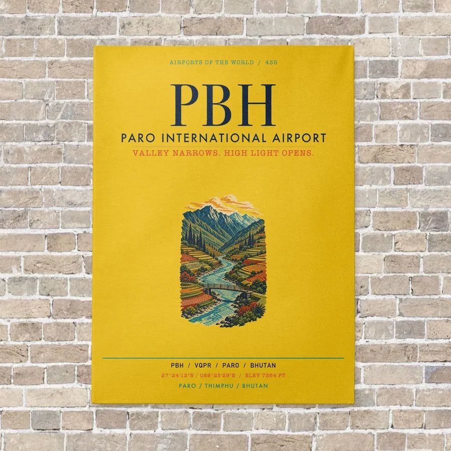 Paro International Airport PBH vertical canvas print - no frame - yellow background
