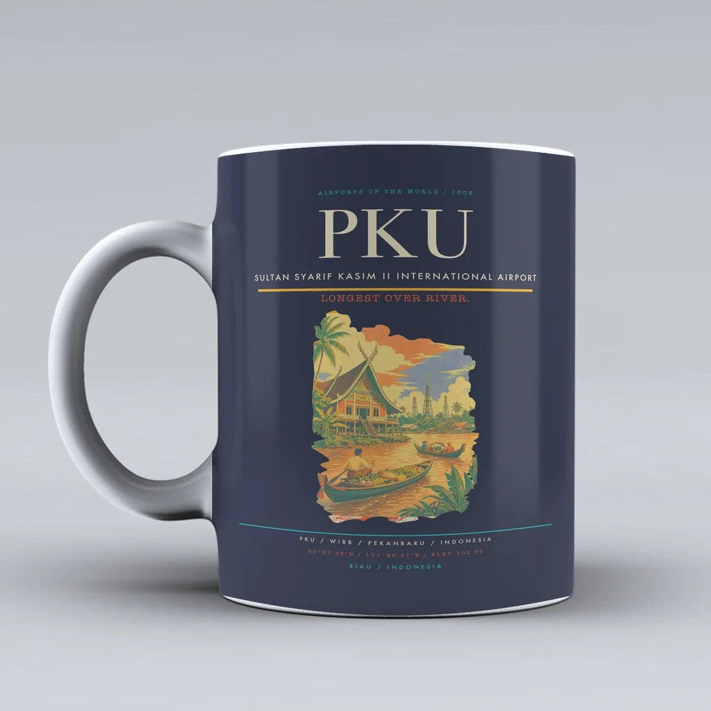Sultan Syarif Kasim II International Airport (PKU) airport code design on dark blue ceramic mug