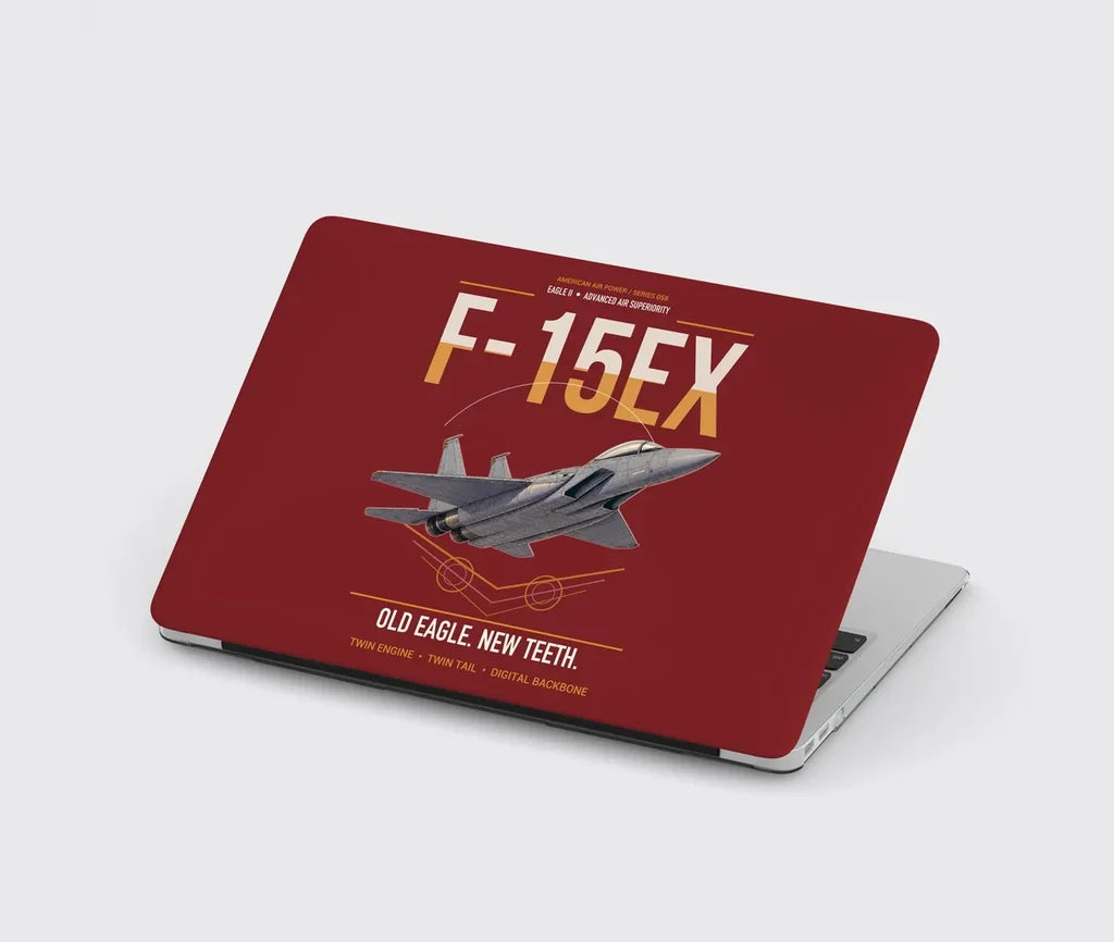 F-15EX Eagle II design on dark red MacBook case
