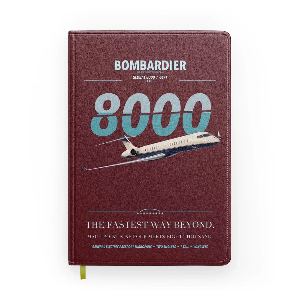 Bombardier Global 8000 design on dark red notebook