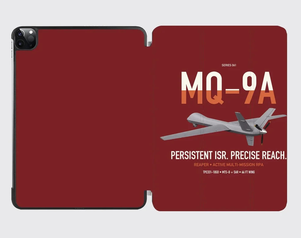 MQ-9A Reaper design on dark red ipad tablet case
