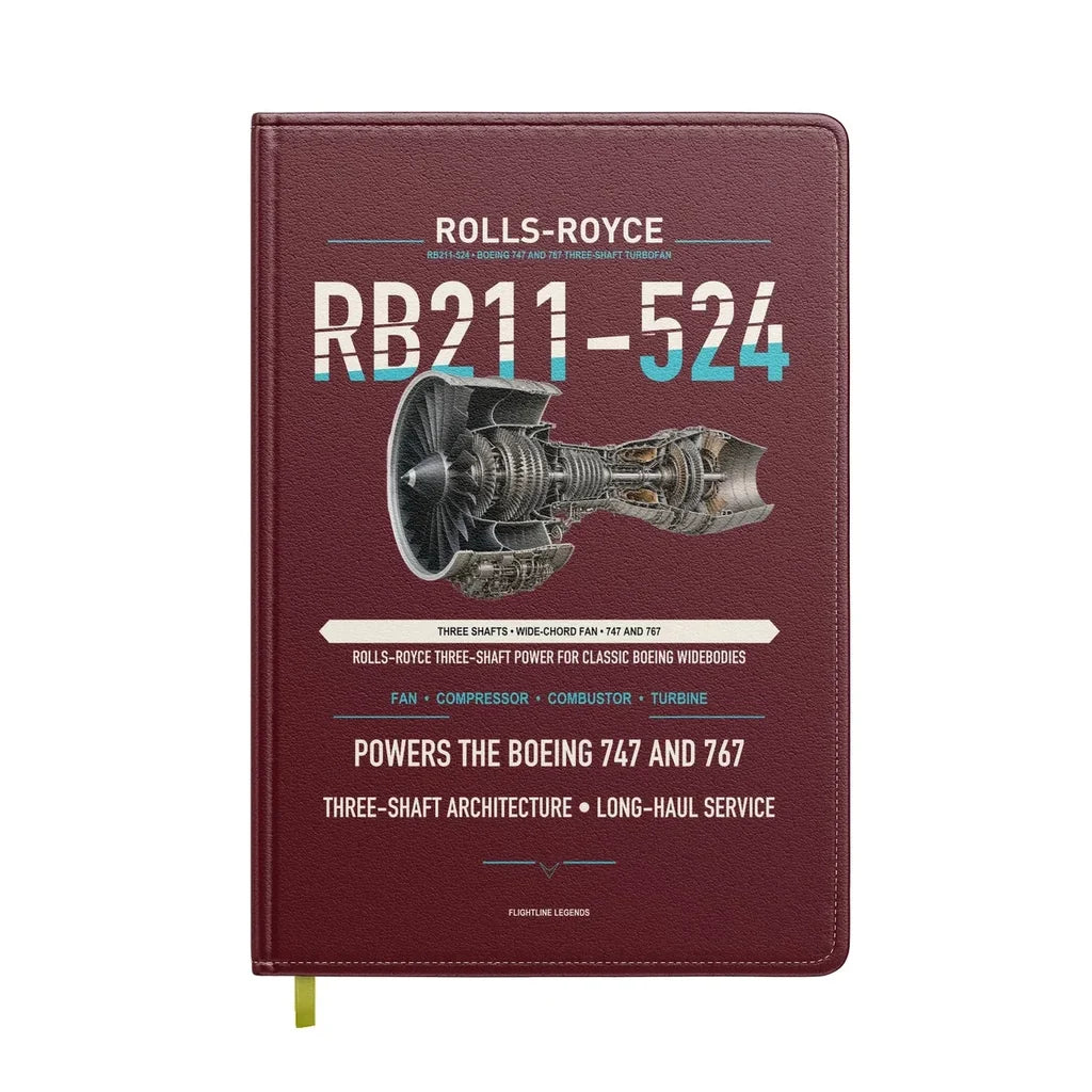 RB211-524 design on dark red notebook