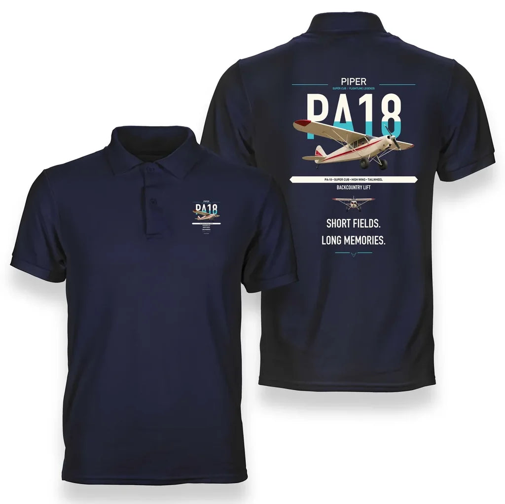 Piper PA-18 Super Cub design on navy blue double-side polo t-shirt, double-side print