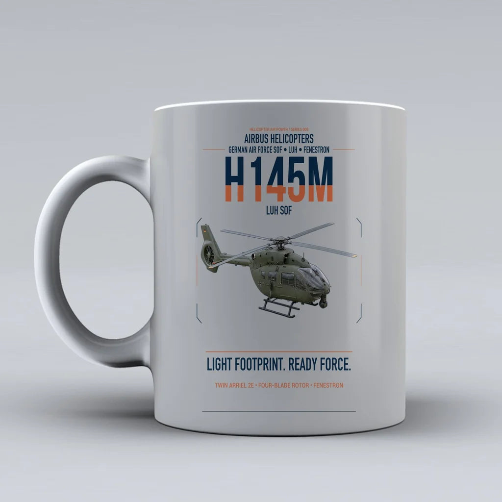 Airbus Helicopters H145M LUH SOF design on light gray ceramic mug, double-side print