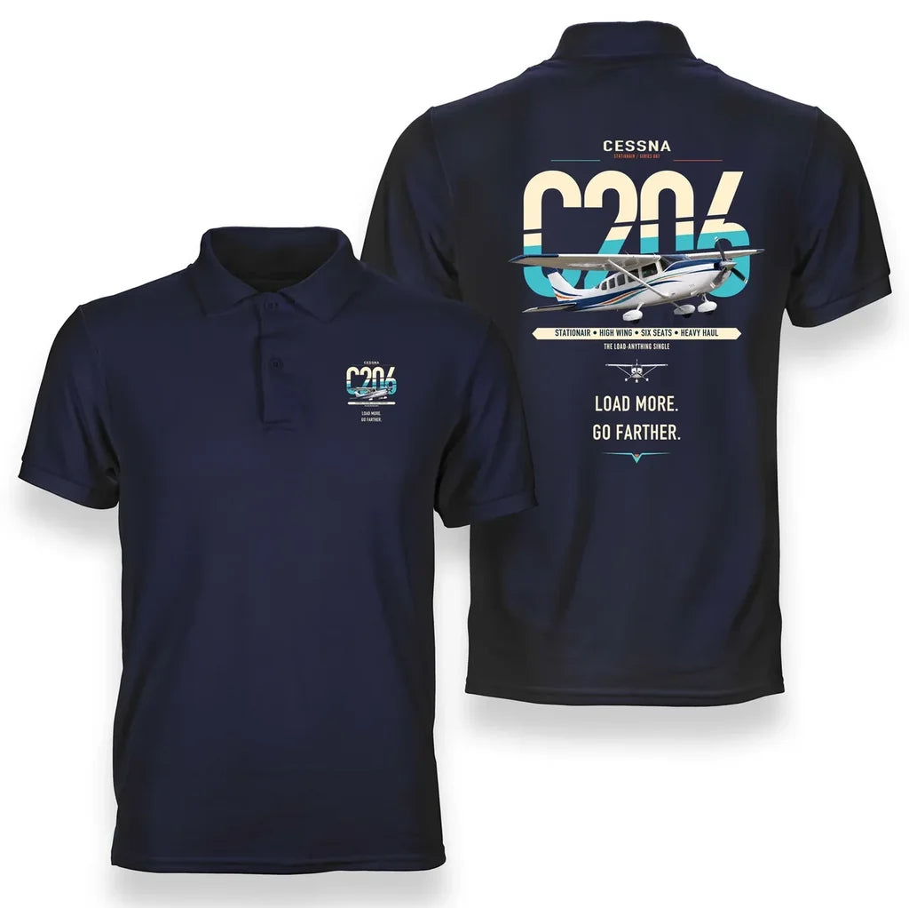 Cessna 206 Stationair design on navy blue double-side polo t-shirt, double-side print