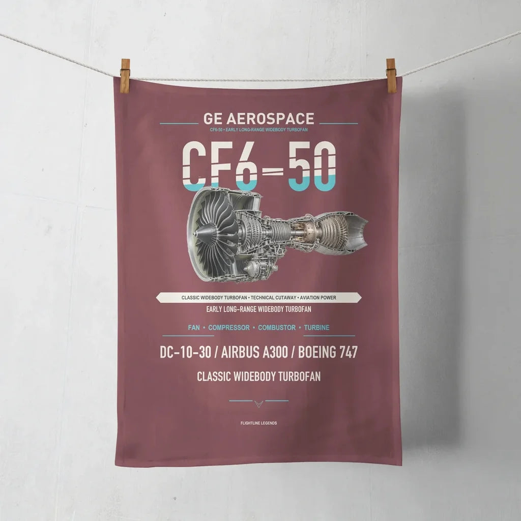 CF6-50 design on dark red towel