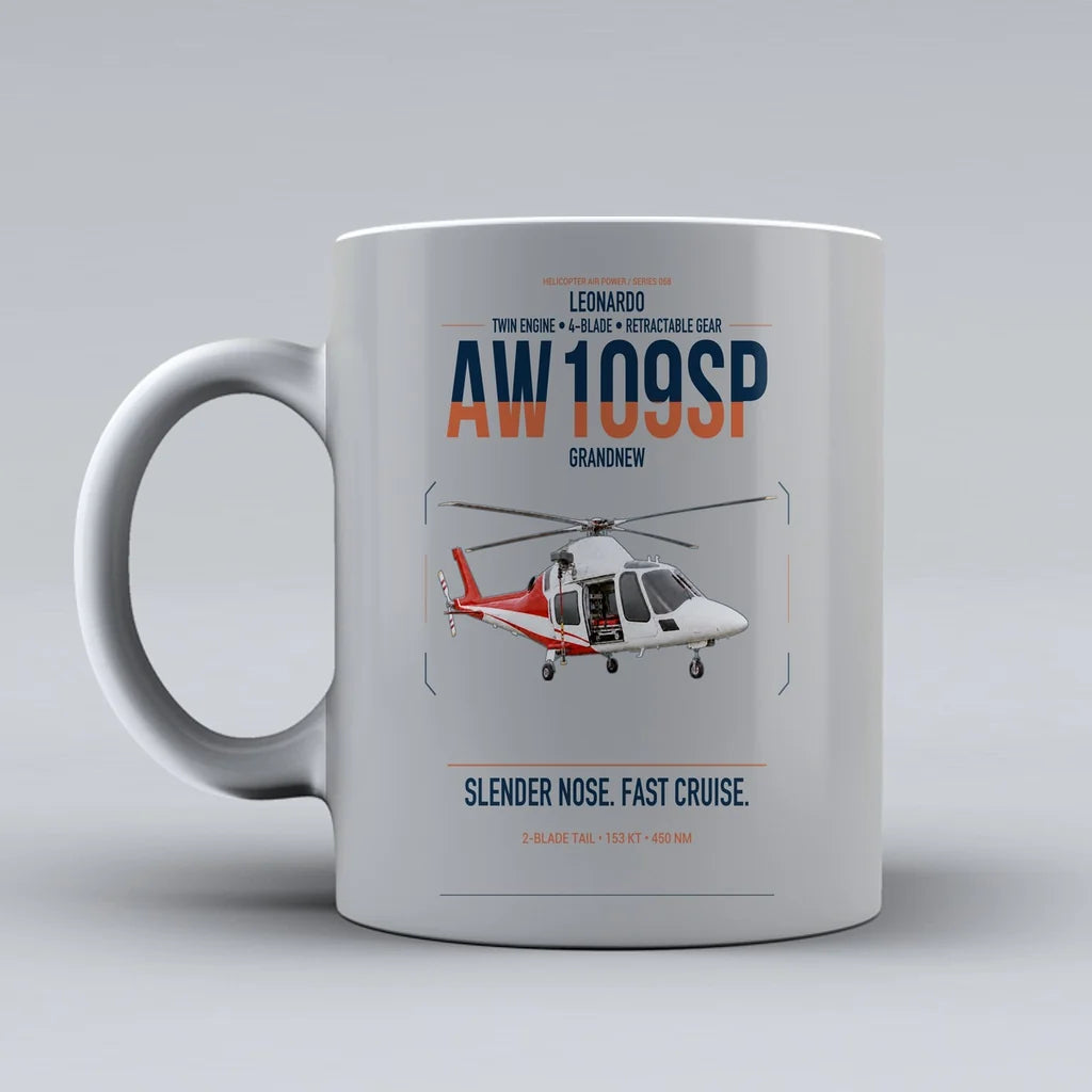 Leonardo AW109SP GrandNew design on light gray ceramic mug, double-side print