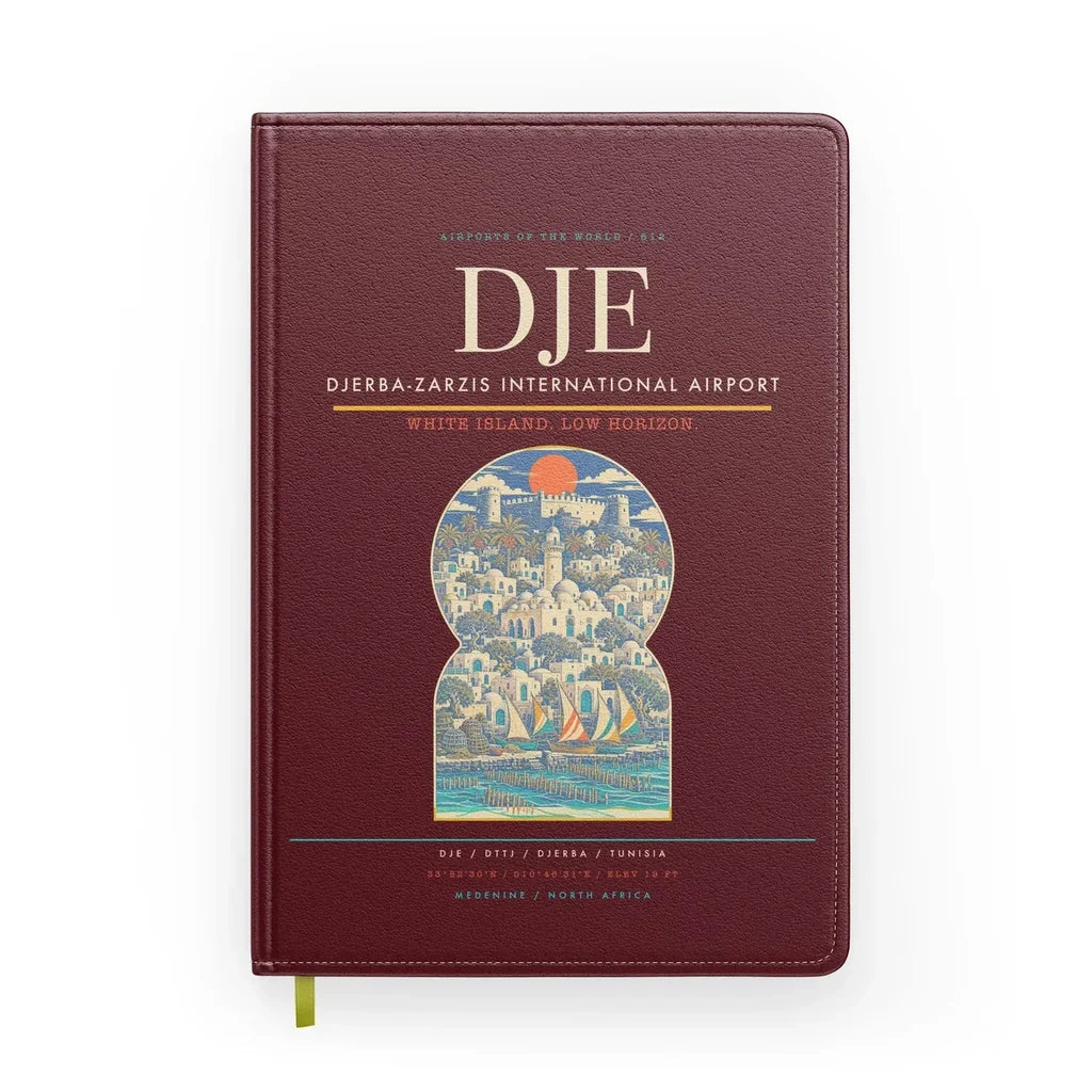 Djerba-Zarzis International Airport (DJE) design on dark red notebook
