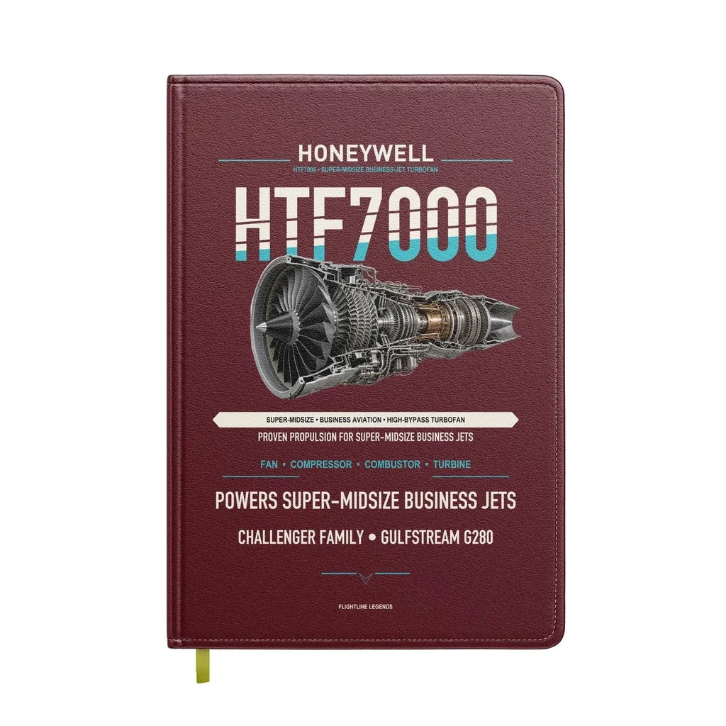 HTF7000 design on dark red notebook