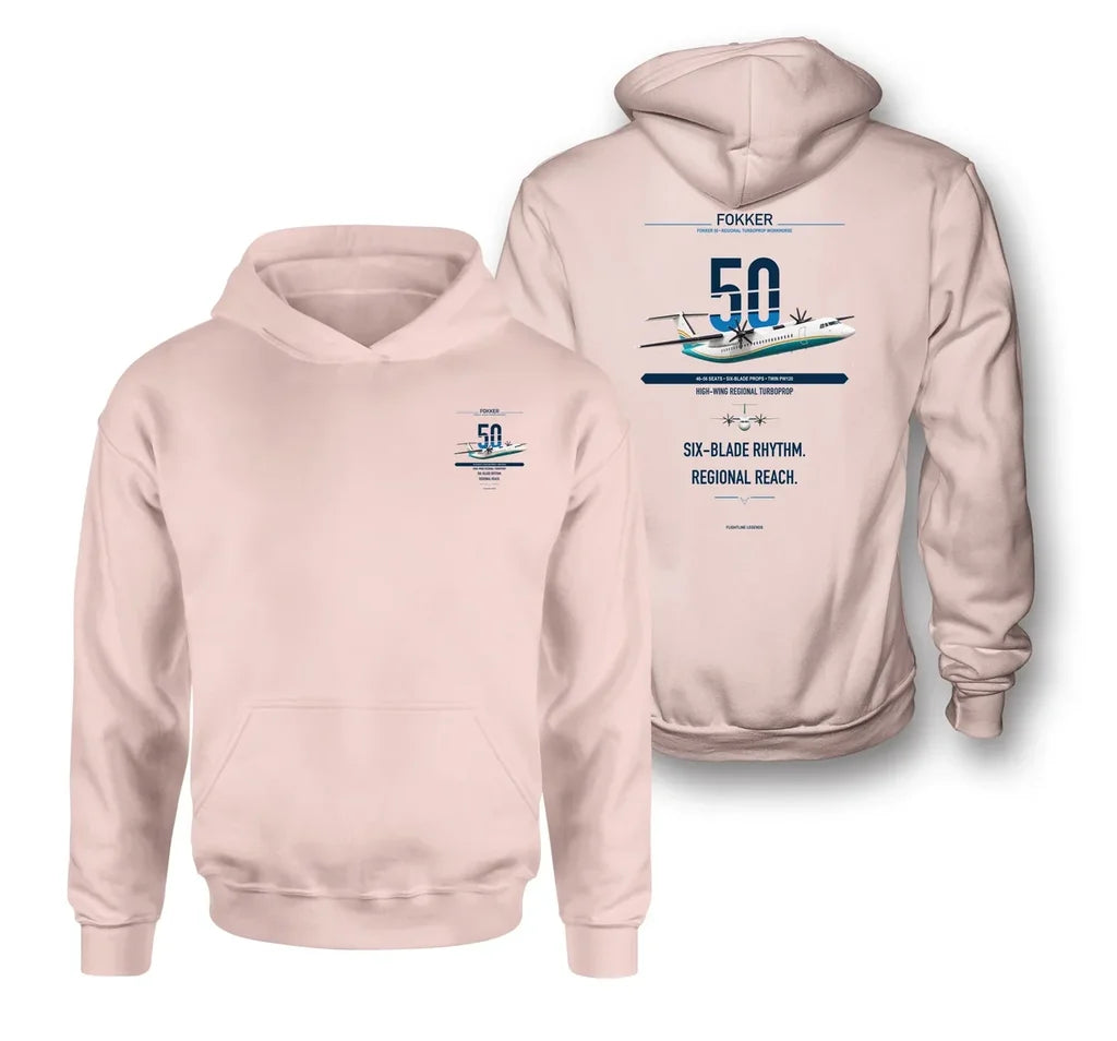 Fokker 50 design on pink double-side hoodie, double-side print
