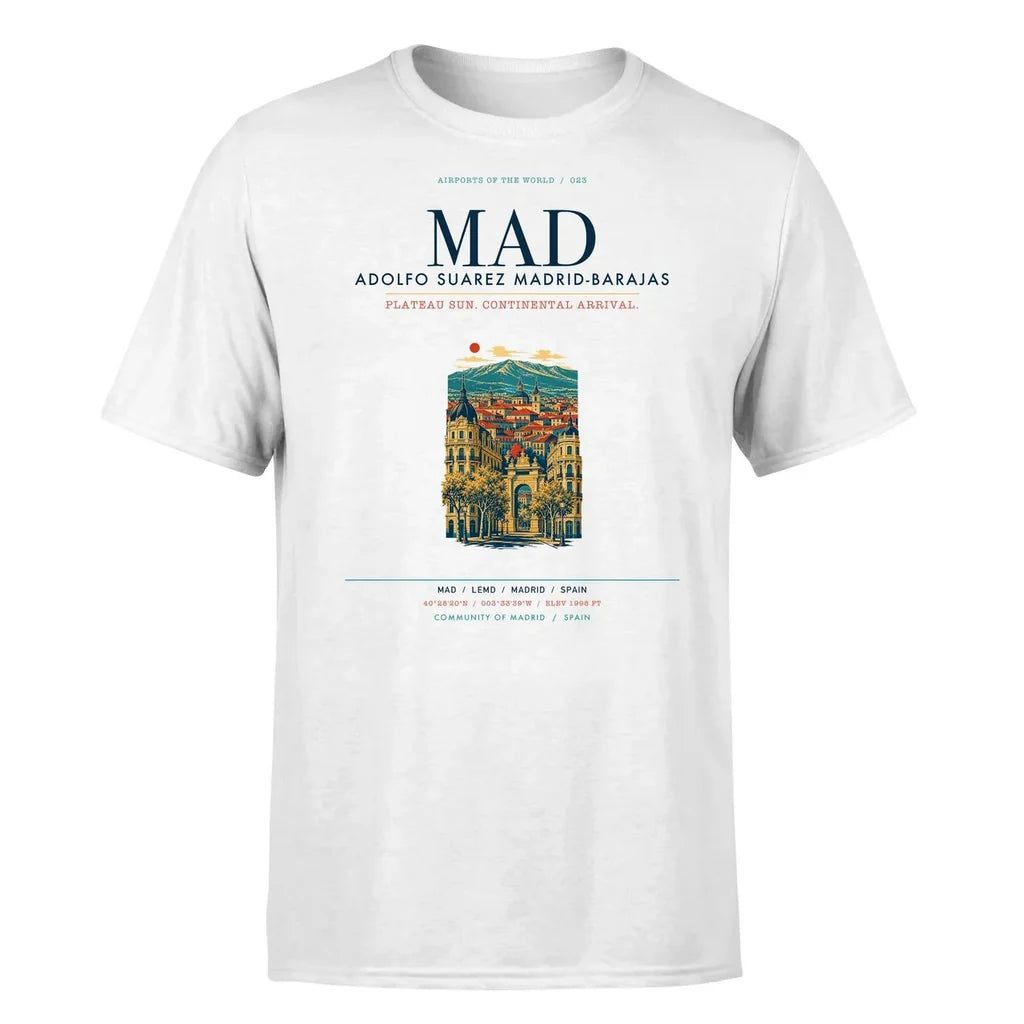 Madrid Airport (MAD) T-Shirt single-side front print in White | madrid-mad-airport-double-side-t-shirt