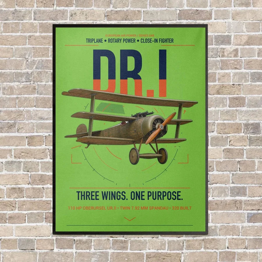 Fokker Dr.I vertical canvas print - framed - light green background