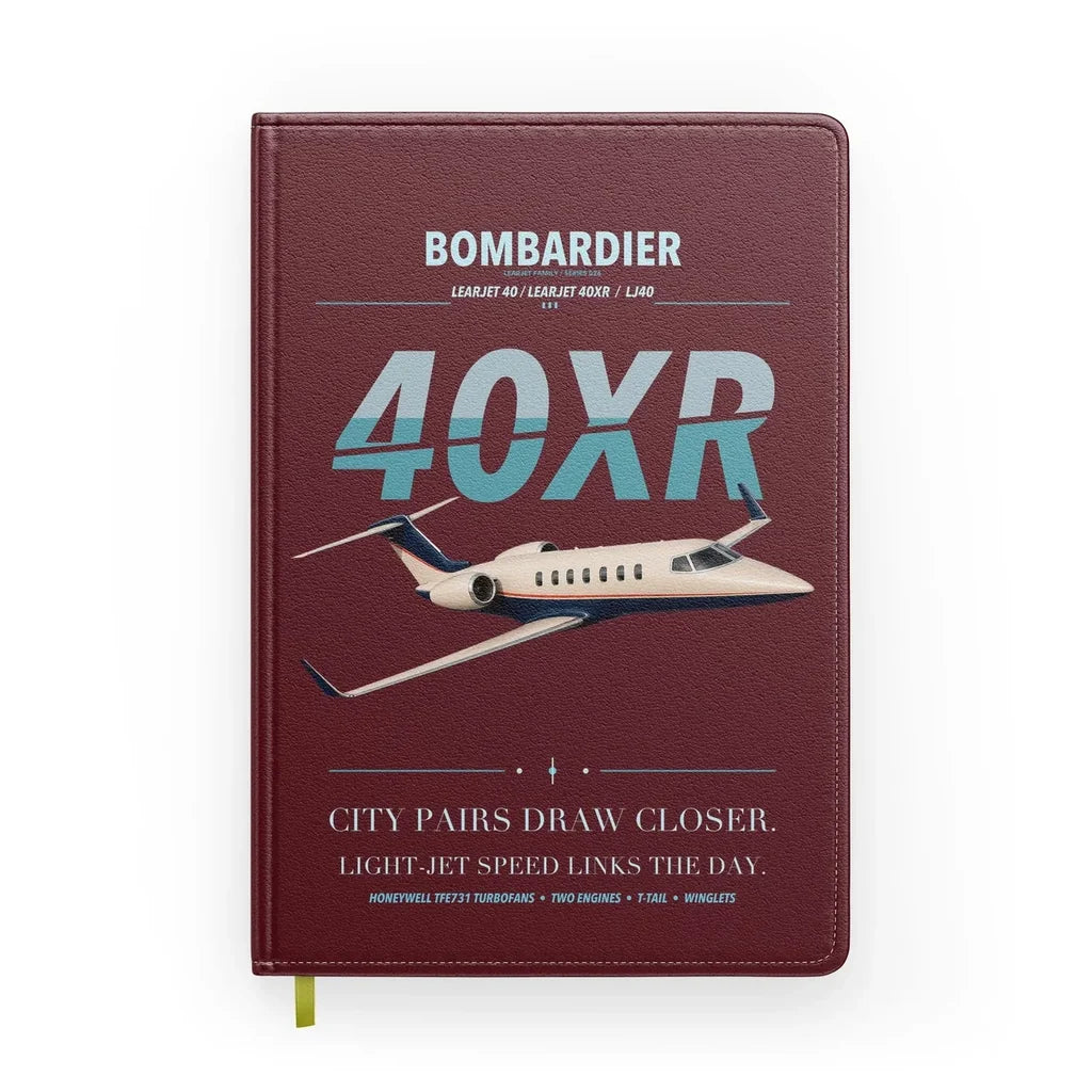 Bombardier Learjet 40XR design on dark red notebook