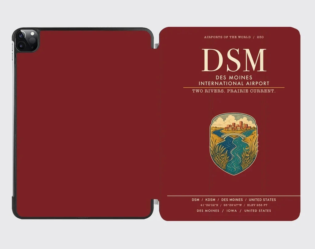 Des Moines International Airport (DSM) design on dark red ipad tablet case