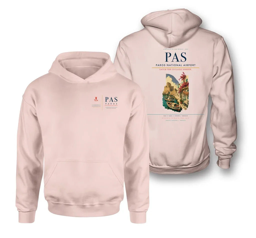 Paros National Airport (PAS) design on pink double-side hoodie