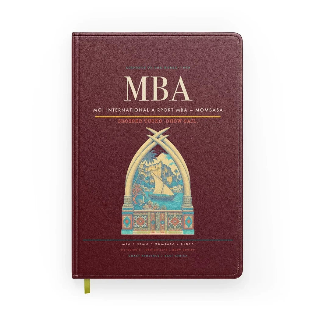 Moi International Airport (MBA) design on dark red notebook