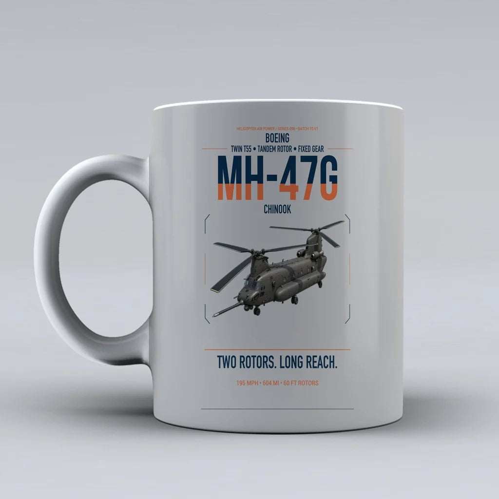 Boeing MH-47G Chinook design on light gray ceramic mug, double-side print