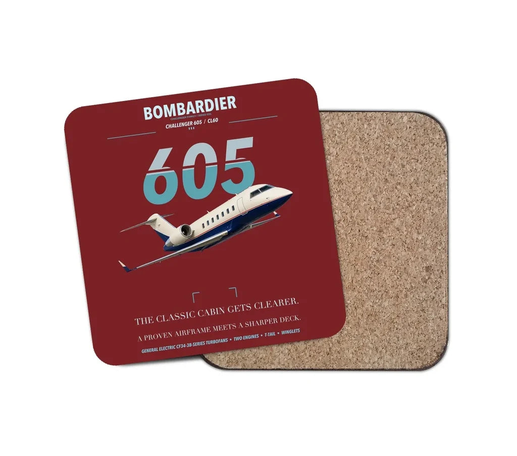 Bombardier Challenger 605 design on dark red 1 piece coaster