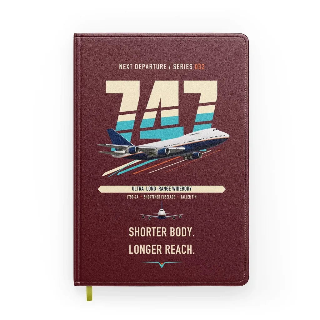 Boeing 747SP design on dark red notebook