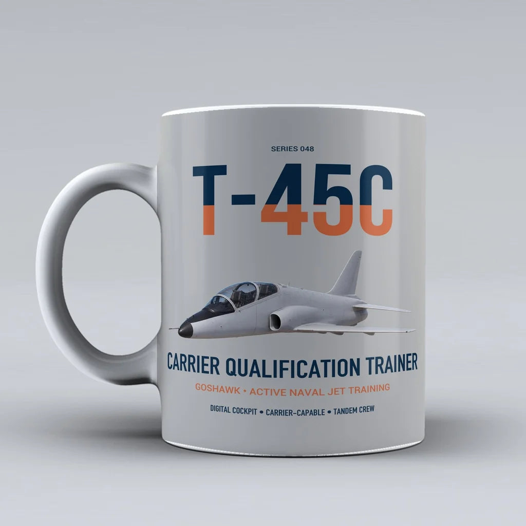 T-45C Goshawk design on light gray ceramic mug, double-side print