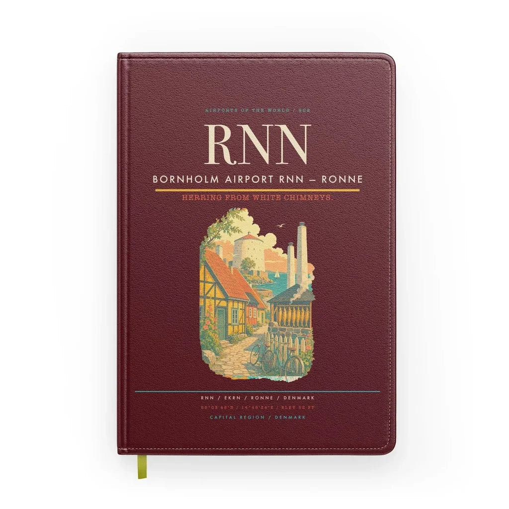 Bornholm Airport (RNN) design on dark red notebook