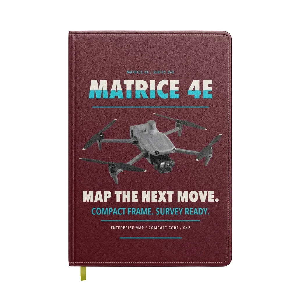 DJI Matrice 4E design on dark red notebook