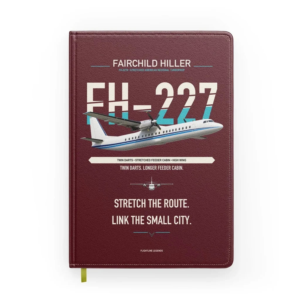 Fairchild Hiller FH-227B design on dark red notebook