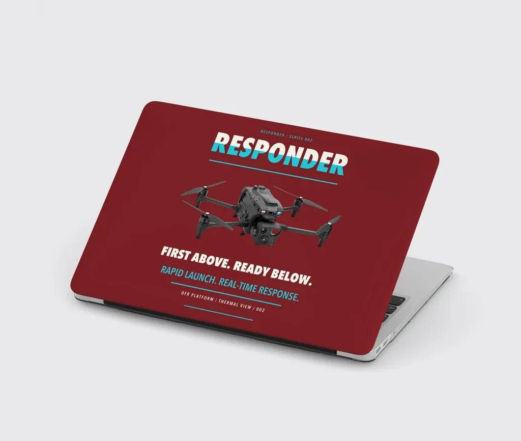 BRINC Responder design on dark red MacBook case