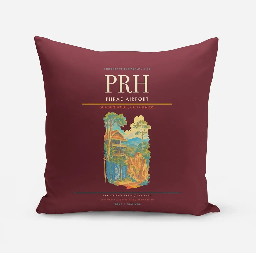 Phrae Airport (PRH) design on dark red pillow