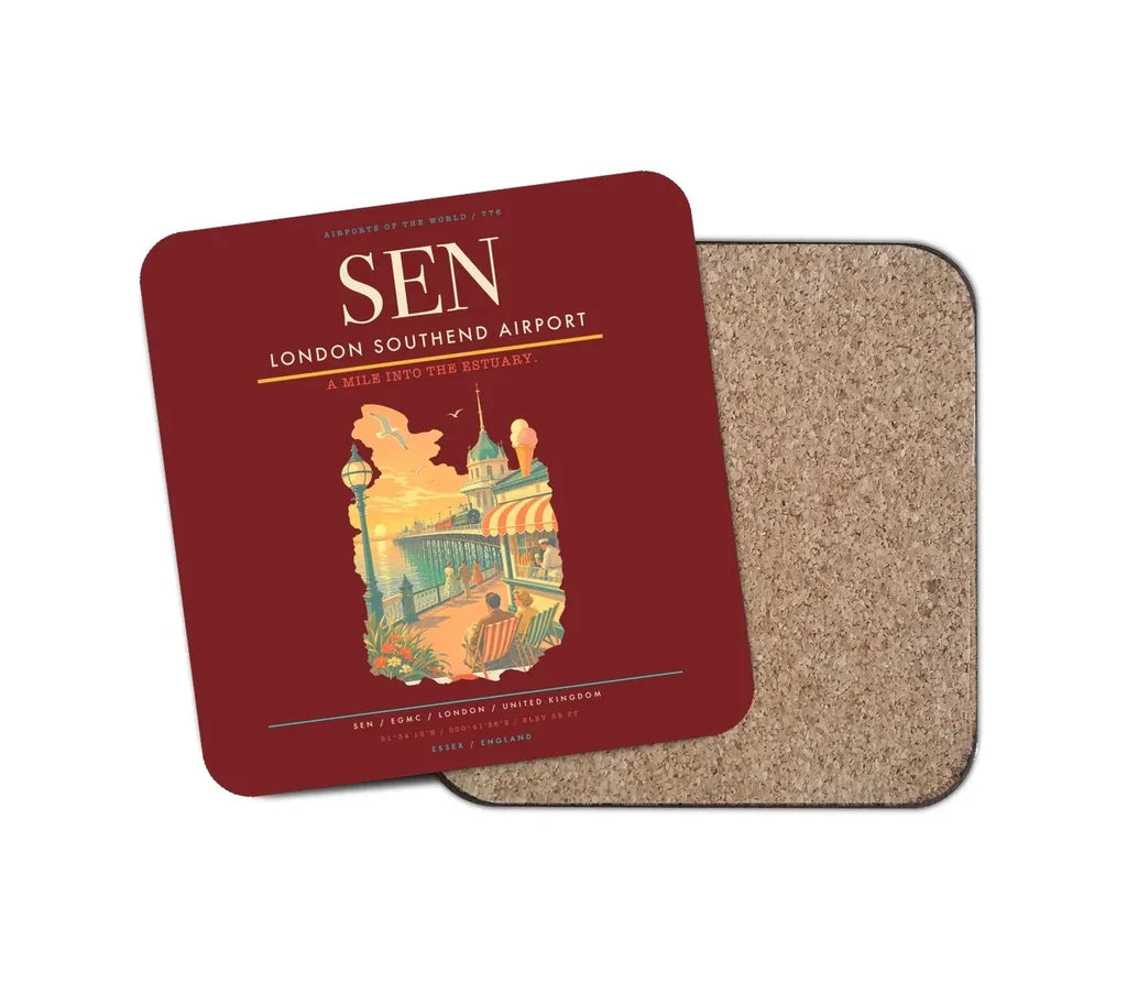 London Southend Airport (SEN) design on dark red 1 piece coaster