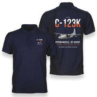 Thumbnail for C-123K Provider design on navy blue double-side polo t-shirt, double-side print