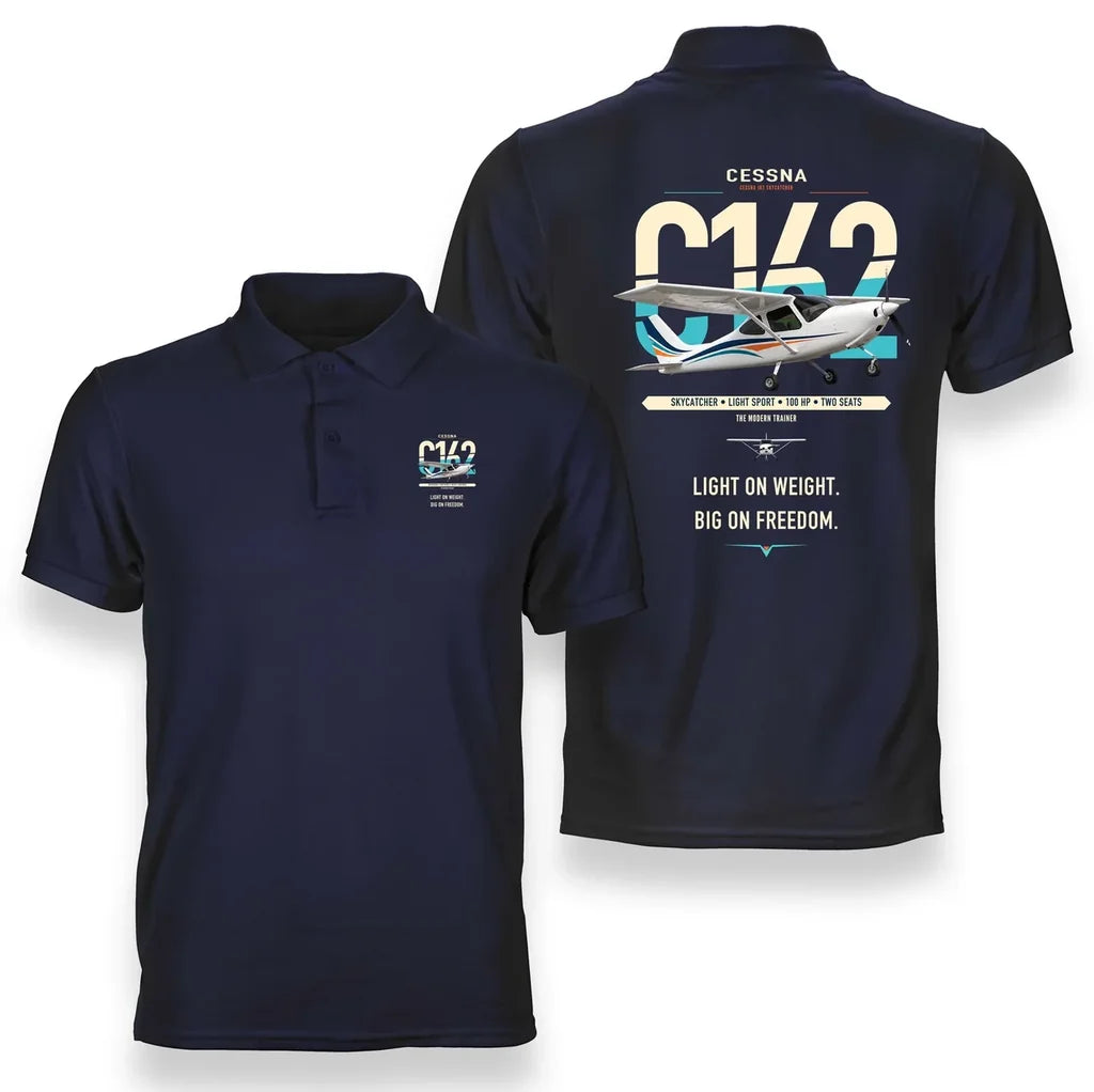 Cessna 162 Skycatcher design on navy blue double-side polo t-shirt, double-side print