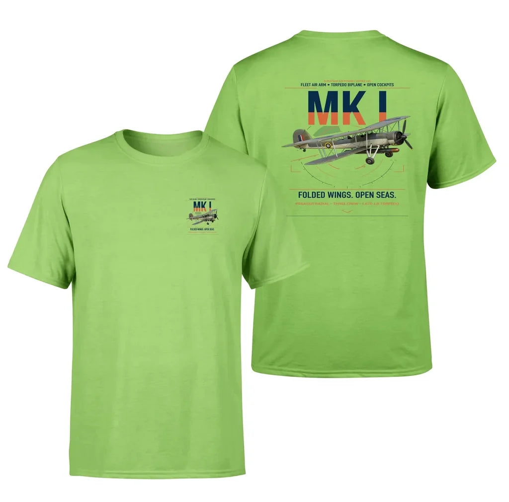 Fairey Swordfish Mk I design on light green t-shirt, double-side print