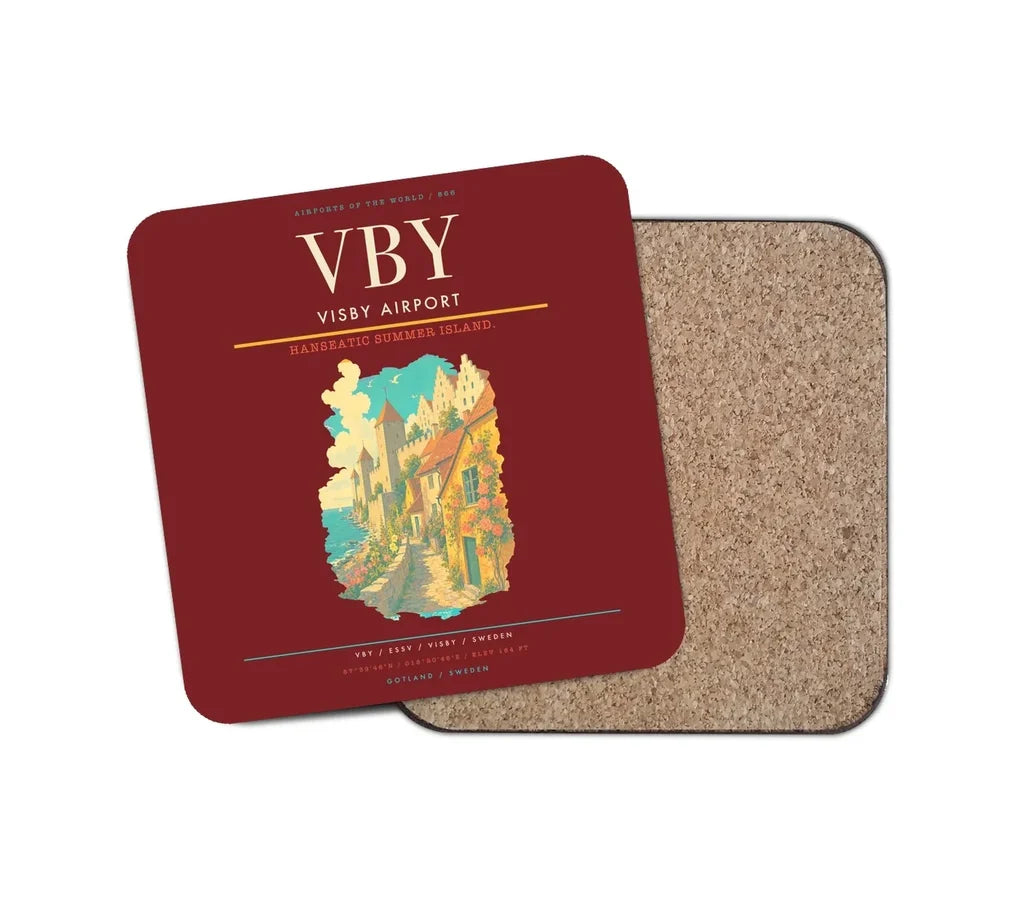 Visby Airport (VBY) design on dark red 1 piece coaster