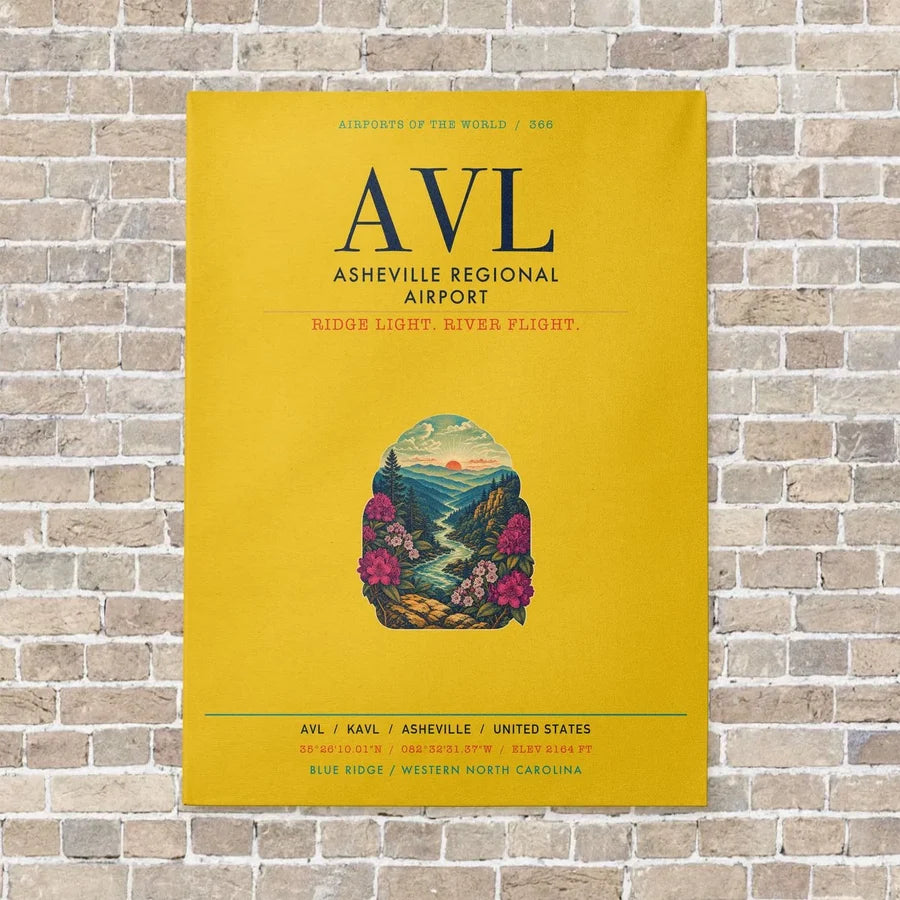 Asheville Regional Airport AVL vertical canvas print - no frame - yellow background