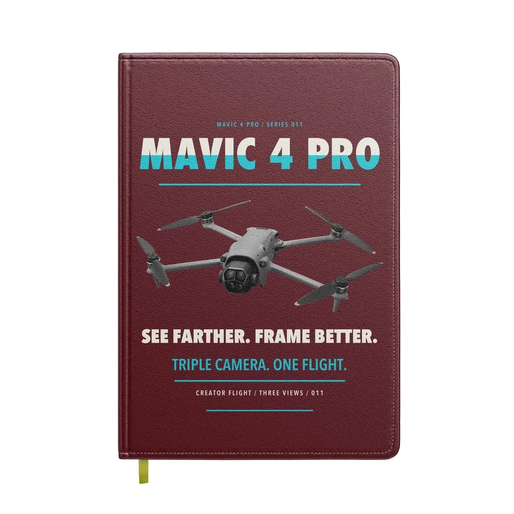 DJI Mavic 4 Pro design on dark red notebook