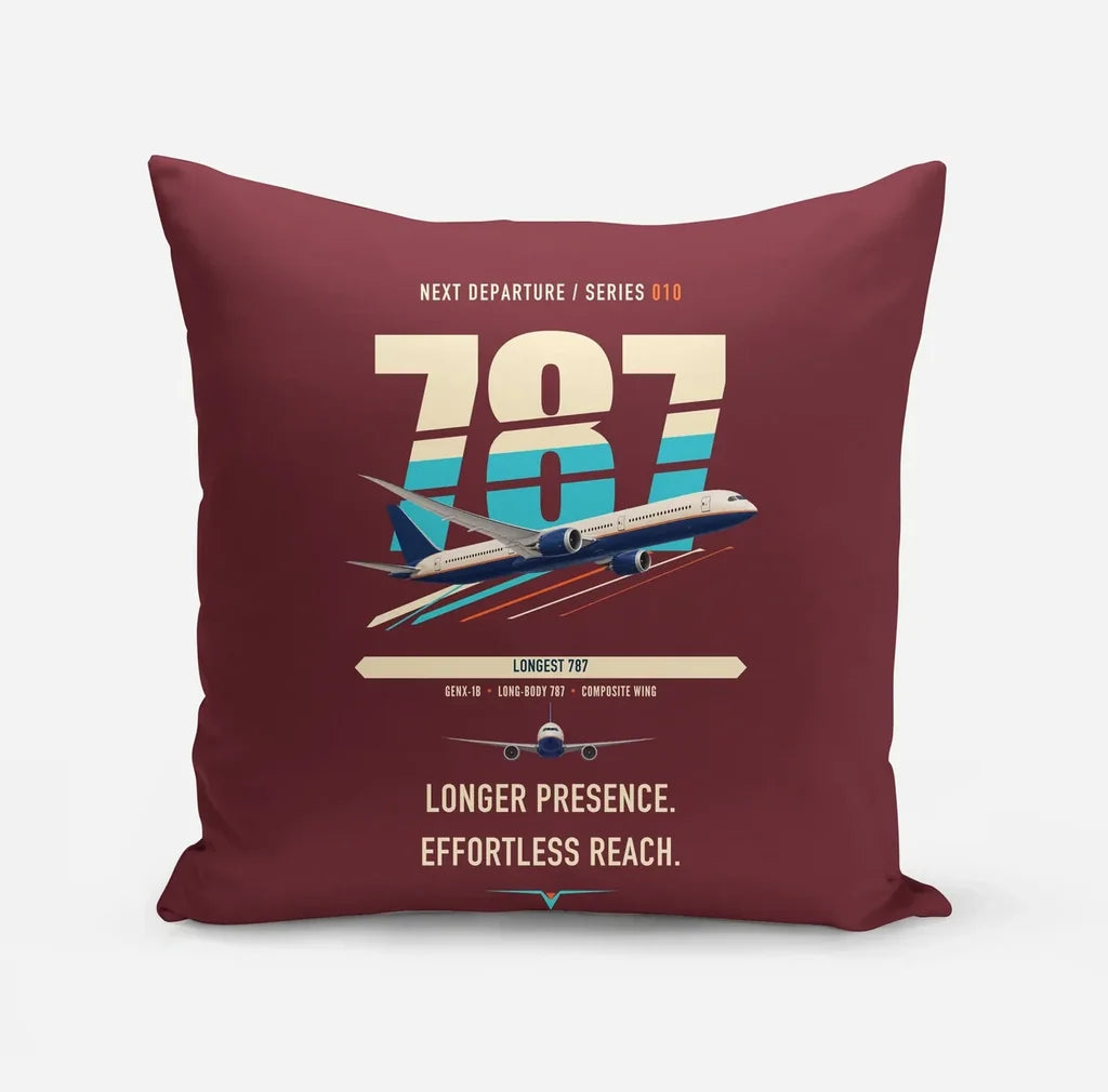 Boeing 787-10 Dreamliner design on dark red pillow
