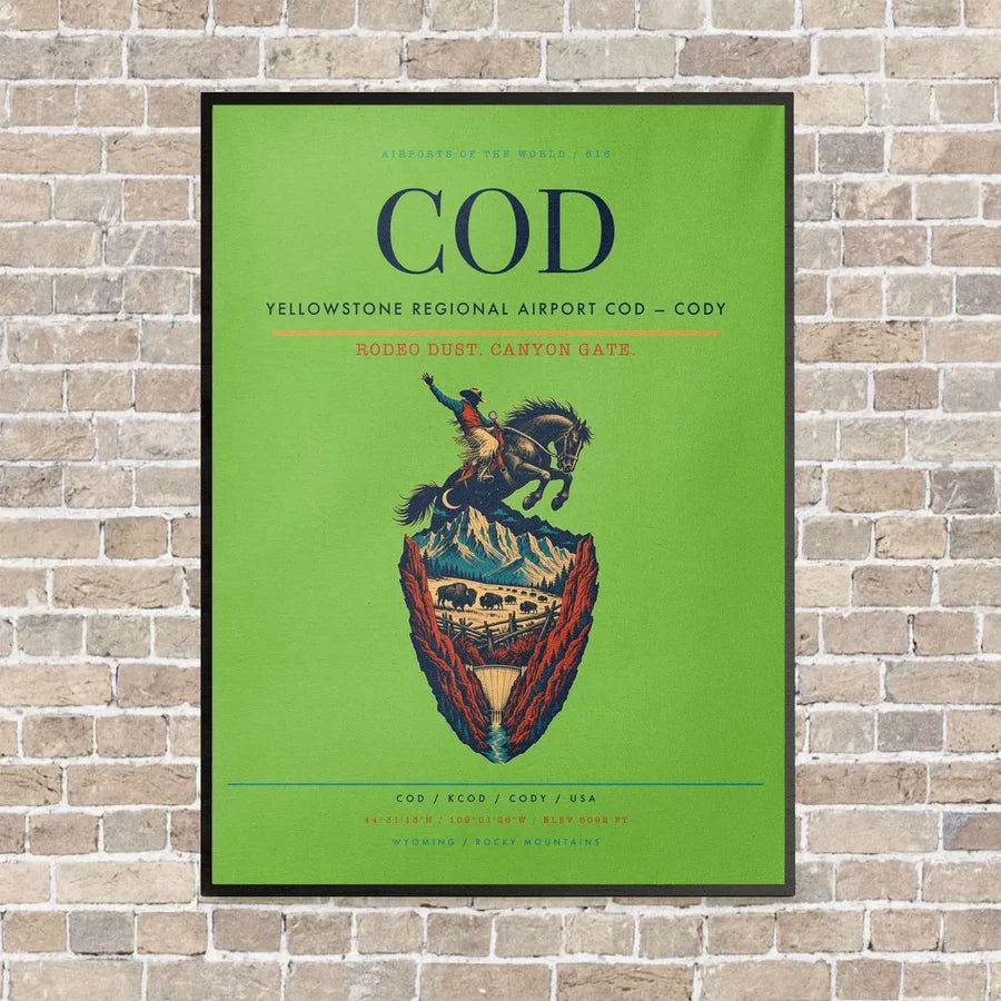 Yellowstone Regional Airport COD — Cody vertical canvas print - framed - light green background