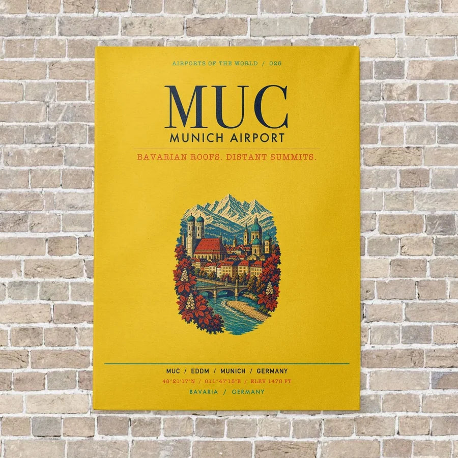 Munich Airport MUC vertical canvas print - no frame - yellow background