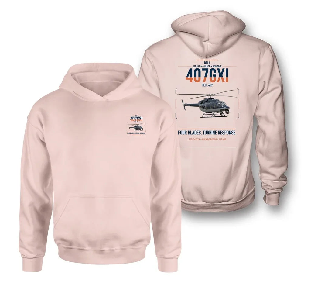 Bell 407GXi design on pink double-side hoodie, double-side print