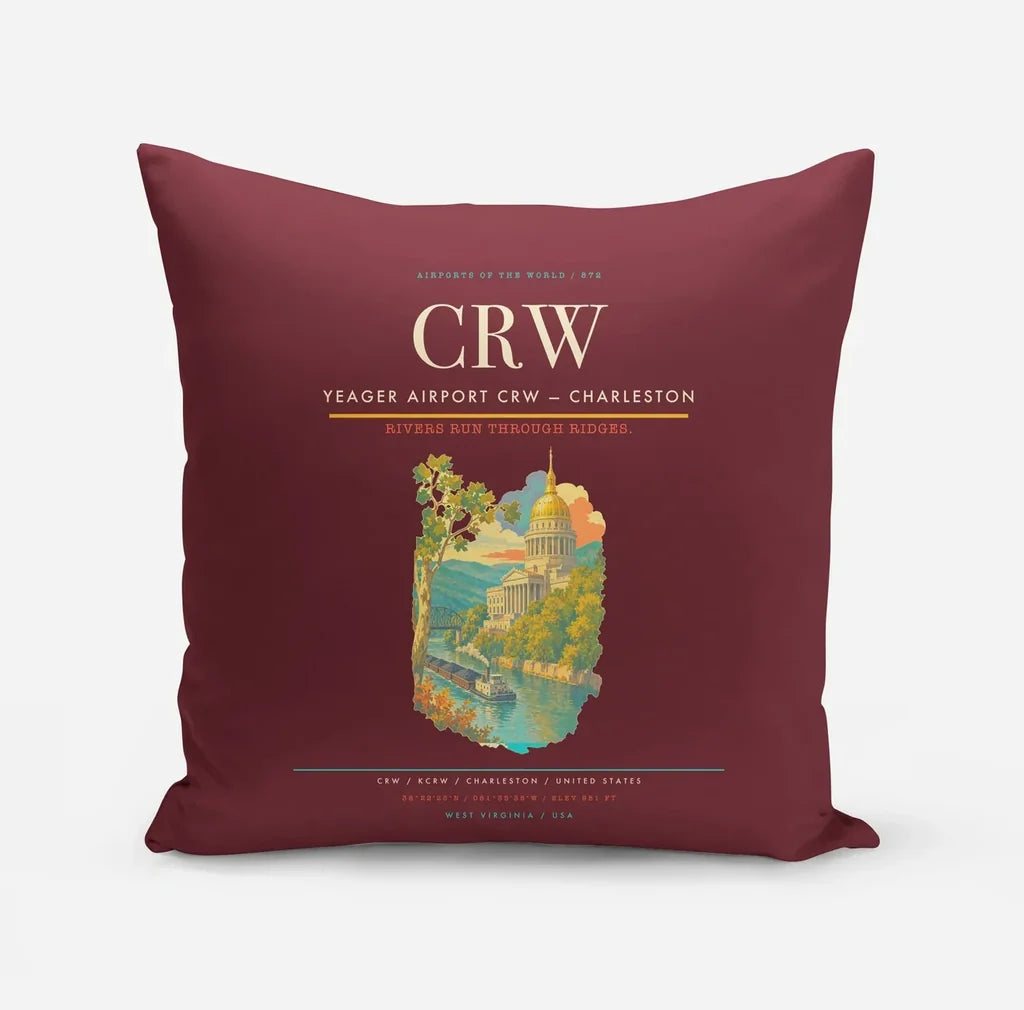 Yeager Airport (CRW) design on dark red pillow