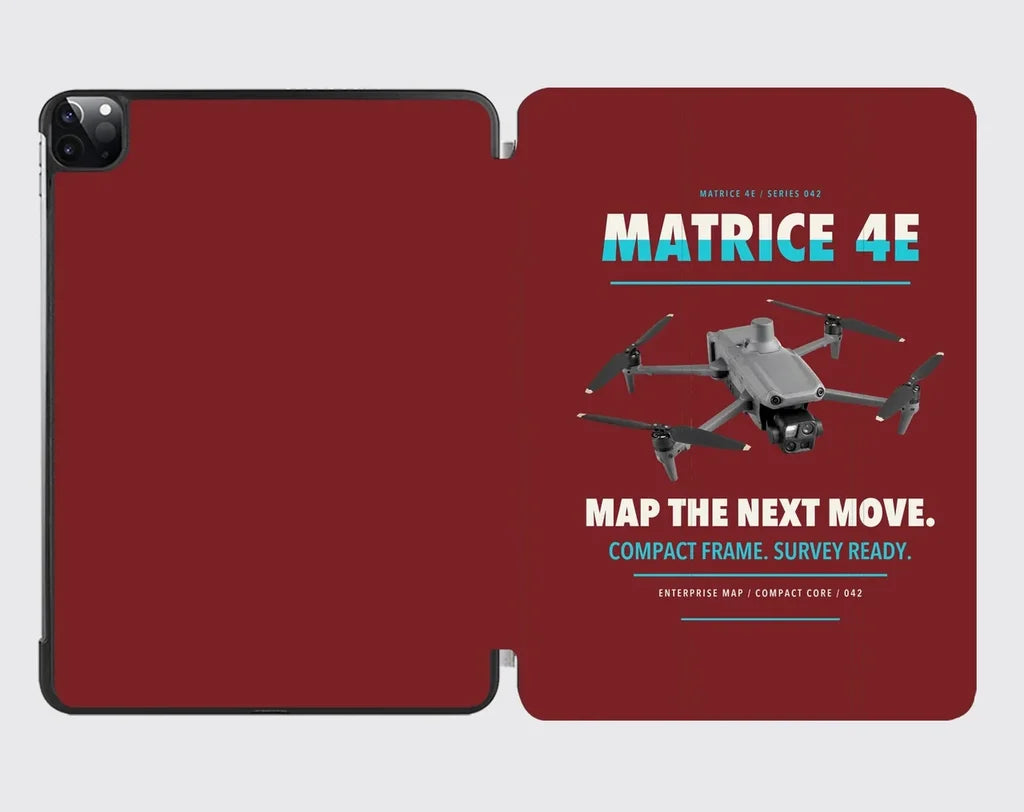 DJI Matrice 4E design on dark red ipad tablet case